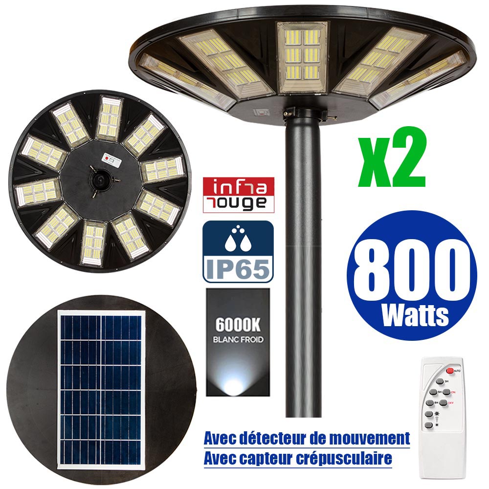 Pack de 2x Lampes solaires pour extérieur - Série OVNI - Version HERCULE 800 - 2700 Lumens - Angle 360° - IP65 - Lampe 745 x 135 mm - Panneau 625 x 345 mm - Diamètre tube d'insertion  60 - 76 mm - Détecteur PIR – Capteur crépusculaire - 6000k