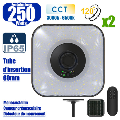 Pack 2x Lampes solaires - Série OVNI SUN FLOWER V2 250 - CCT (3000k+6500k) - Rendu Lumineux 250 Watts - 1500 Lumens - Angle 120° - IP65 - 44 x 44 x 10 cm - Panneau MONOCRISTALLIN - Détecteur de mouvement - Télécommande - Capteur crépusculaire