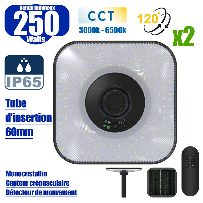 Pack 2x Lampes solaires - Série OVNI SUN FLOWER V2 250 - CCT (3000k+6500k) - Rendu Lumineux 250 Watts - 1500 Lumens - Angle 120° - IP65 - 44 x 44 x 10 cm - Panneau MONOCRISTALLIN - Détecteur de mouvement - Télécommande - Capteur crépusculaire