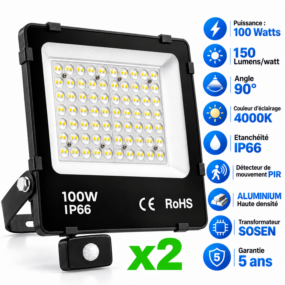 Pack de 2x Projecteurs LED filaires détecteurs - Série PAD ULTRA PIR - 100 Watts - 15 000 Lumens - 150 Lumens/Watt - Angle 90° - IP66 - 28 x 29 x 6 cm - Transformateur SOSEN - Structure en ALUMINIUM - 4000k - Garantie 5 ans