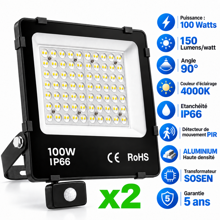 Pack de 2x Projecteurs LED filaires détecteurs - Série PAD ULTRA PIR - 100 Watts - 15 000 Lumens - 150 Lumens/Watt - Angle 90° - IP66 - 28 x 29 x 6 cm - Transformateur SOSEN - Structure en ALUMINIUM - 4000k - Garantie 5 ans