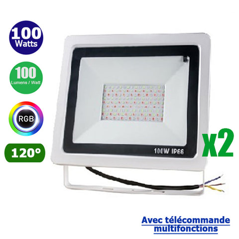 Pack de 2x Projecteurs LED Filaires RGB - Série PAD 100 Watts - 10 000 Lumens - 100 Lumens/Watt - Angle 120° - IP66 - 270 x 210 x 34 mm - Avec télécommande