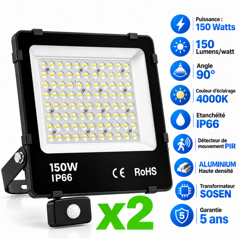 Pack de 2x Projecteurs LED filaires détecteurs  - Série PAD ULTRA PIR - 150 Watts - 22 500 Lumens - 150 Lumens/Watt - Angle 90° - IP66 - 33 x 32 x 7 cm - Transformateur SOSEN - Structure en ALUMINIUM - 4000k - Garantie 5 ans