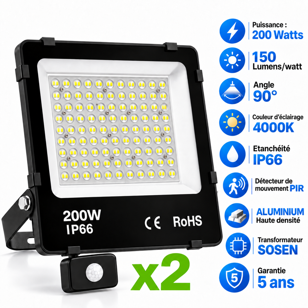 Pack de 2x Projecteurs LED filaires détecteurs  - Série PAD ULTRA PIR - 200 Watts - 30 000 Lumens - 150 Lumens/Watt - Angle 90° - IP66 - 36 x 35 x 7 cm - Transformateur SOSEN - Structure en ALUMINIUM - 4000k - Garantie 5 ans