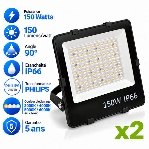 Pack de 2x Projecteurs LED Filaires - Série PAD V2 - 150 Watts - 22 500 Lumens - 150 Lumens/Watt - Angle 90° - IP66 - 33 x 32 x 6 cm - Transformateur Philips - 3000k/4000k/5000k/6000k au choix - Garantie 5 ans