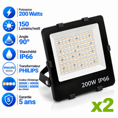 Pack de 2x Projecteurs LED Filaires - Série PAD V2 - 200 Watts - 30 000 Lumens - 150 Lumens/Watt - Angle 90° - IP66 - 36 x 35 x 7 cm - Transformateur Philips - 3000k/4000k/5000k/6000k au choix - Garantie 5 ans