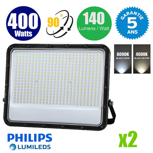 Pack de 2x Projecteurs LED filaires - Série PERLE V3 - 400 Watts - 56 000 Lumens - 140 Lumens/watt - Angle 90° - IP65 - 54 x 46 x 6 cm - Puce LED LUMILEDS - Câble 1 mètre - 6000k / 4000k au choix -  Garantie 5 ans