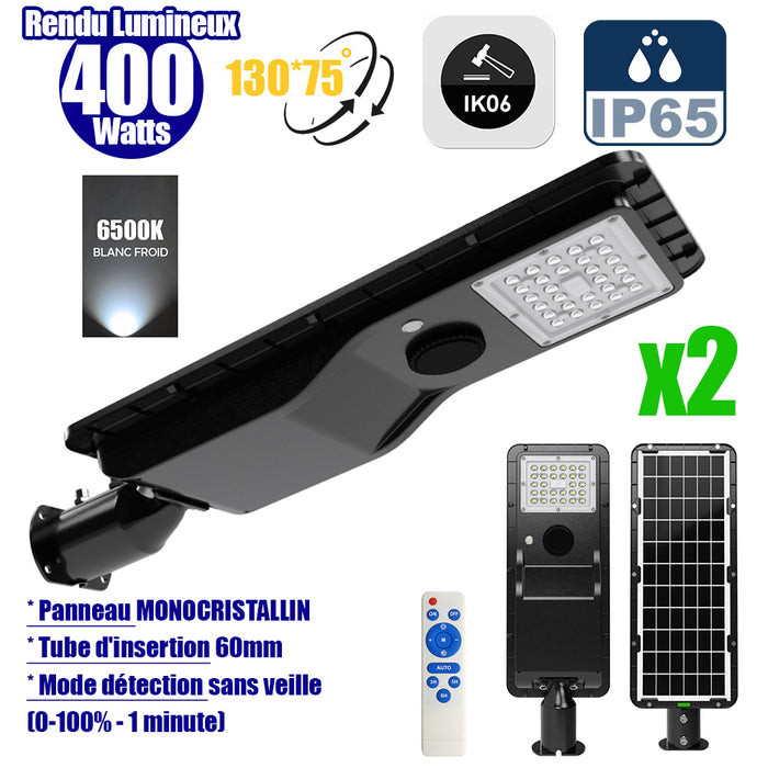 Pack de 2x Lampes de rue solaires - Série POWER EVO V2 - 400 Watts - 1800 Lumens - IP65 - Angle 130x75° - 57 x 20 x 9 cm - Panneau MONOCRISTALLIN - Structure en ALUMINIUM - Mode détection sans veille (0-100% - 1 minute) - Télécommande - 6500K