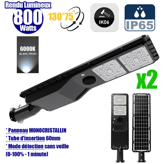 Pack de 2x Lampes de rue solaires - Série POWER EVO V2 - 800 Watts - 2200 Lumens - IP65 - Angle 130x75° - 75 x 20 x 9 cm - Panneau MONOCRISTALLIN - Structure en ALUMINIUM - Capteur de présence PIR - Mode détection sans veille (0-100% - 1 minute) - 6000K