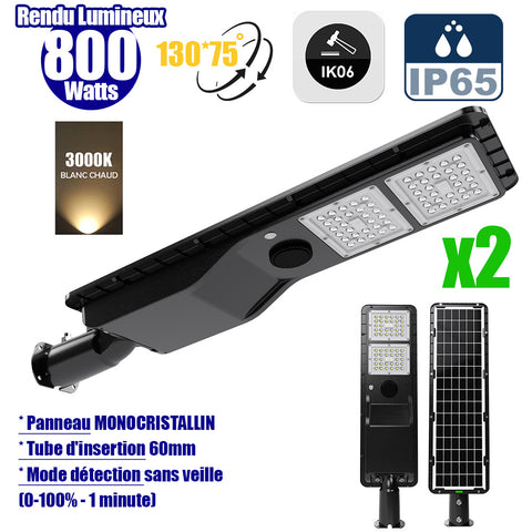 Pack de 2x Lampes de rue solaires - Série POWER EVO V2 - 800 Watts - 2200 Lumens - IP65 - Angle 130x75° - 75 x 20 x 9 cm - Panneau MONOCRISTALLIN - Structure en ALUMINIUM - Capteur de présence PIR - Mode détection sans veille (0-100% - 1 minute) - 3000K