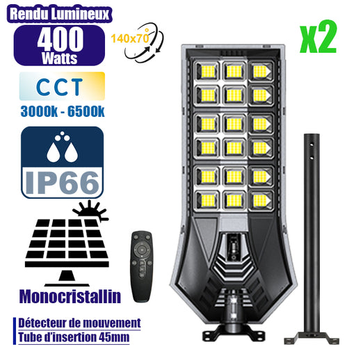 Pack de 2x Lampadaires solaires extérieurs de rue / parking - Série POWER ULTRA V2 CCT (Couleur Changeante en Température) - 400 Watts - 1500 Lumens - Angle 140*70° - IP66 - 58 x 27 x 7 cm - Télécommande - Détecteur de mouvement - Tube d’insertion 45 mm