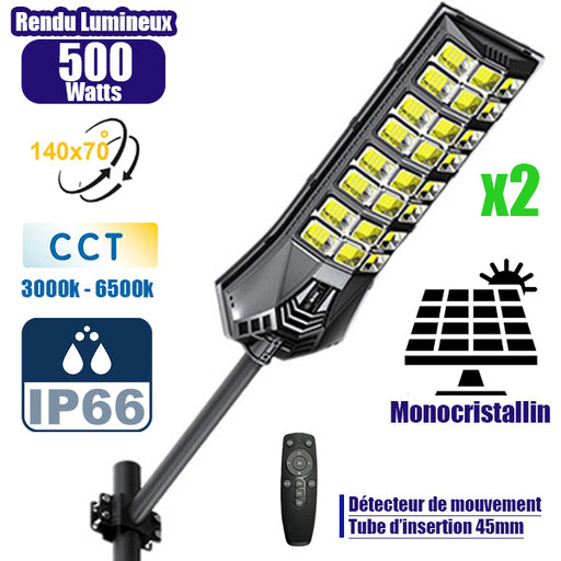 Pack de 2x Lampadaires solaires de rue / parking - Série POWER ULTRA V2 CCT (Couleur Changeante en Température) - 500 Watts - 2400 Lumens - Angle 140*70° - IP66 - 69 x 27 x 7 cm - Télécommande - Détecteur de mouvement - Tube d’insertion 45 mm