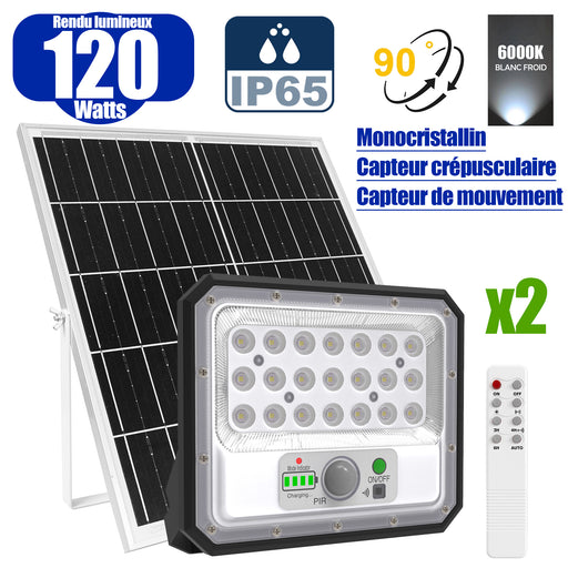 Pack de 2x Projecteurs LED solaires - Série SECURITY V2 - 120 Watts - 700 Lumens - Angle 90° - IP65 - Lampe 21 x 17 x 4 cm - Panneau solaire MONOCRISTALLIN 21 x 20 x 2 cm - Avec détecteur de mouvement - Avec télécommande - Support ajustable