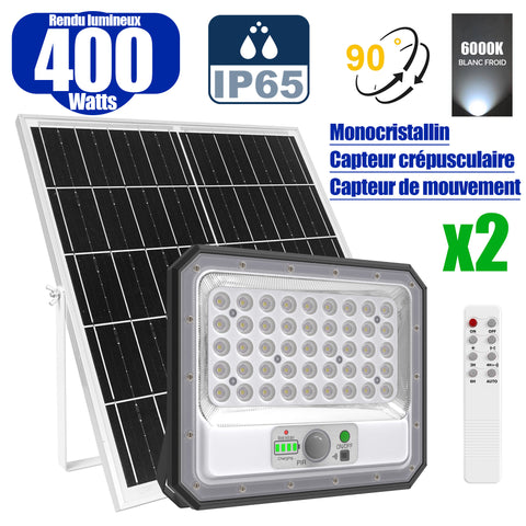 Pack de 2x Projecteurs LED solaire - Série SECURITY V2 - 400 Watts - 2100 Lumens - Angle 90° - IP65 - Lampe 26 x 21 x 5 cm - Panneau solaire MONOCRISTALLIN 39 x 23 x 2 cm - Avec détecteur de mouvement - Avec télécommande - Support ajustable - 6000k