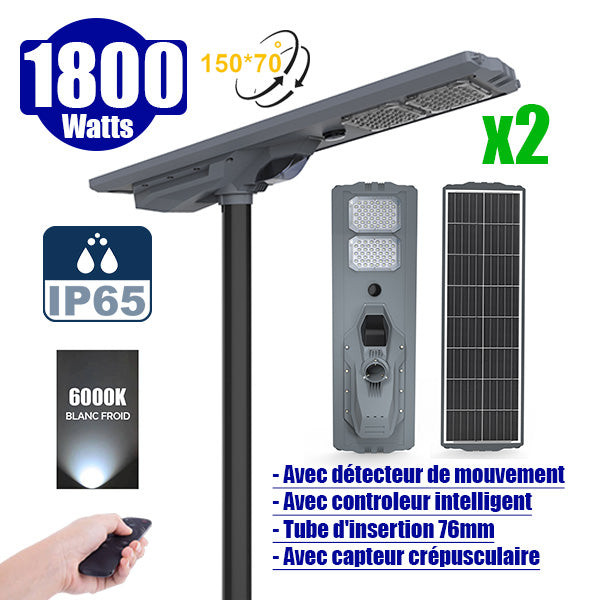 Pack de 2x Lampes de rue solaires - Série STARSHIP ULTRA 6500 - Rendu lumineux 1800 Watts - 6500 Lumens - Couleur 6000k - Angle 150x70° - IP65 - Structure aluminium - Dimensions 112 x 36 x 16 cm - Tube d'insertion 76mm - Contrôle intelligent - Capteur PIR