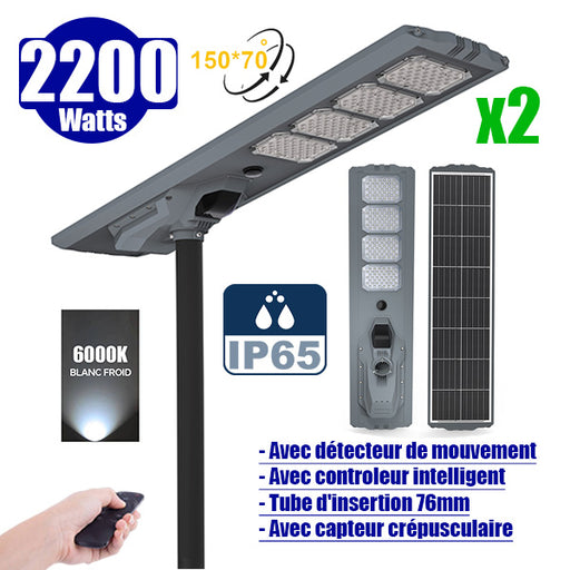 Pack 2x Lampes de rue solaires - Série STARSHIP ULTRA 12000 - Rendu lumineux 2200 Watts - 12 000 Lumens - Couleur 6000k - Angle 150x70° - IP65 - Structure aluminium - Dimensions 167 x 36 x 16 cm - Tube d'insertion 76mm - Contrôle intelligent - Capteur PIR