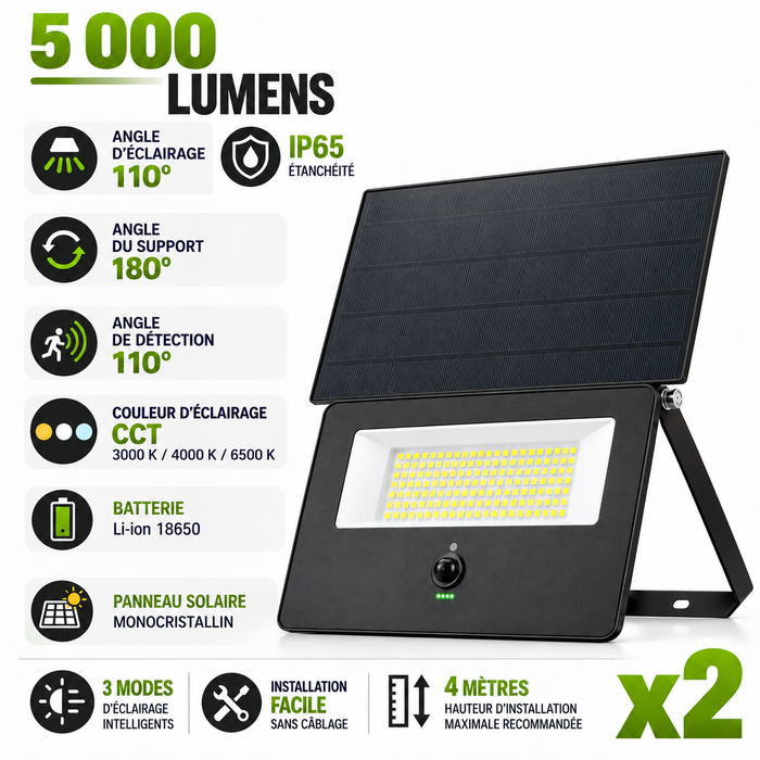 Pack de 2x Projecteurs LED solaires détecteurs - Série SOFT V3 - 5000 Lumens - CCT - IP65 - 33 x 23 x 6 cm  - Panneau solaire 32 x 18 cm - Avec détecteur de mouvement - Capteur crépusculaire - Télécommande - 3 Modes d'éclairage