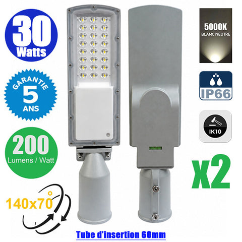 Pack de 2x Lampes de rue filaires - Série STAR200 - 30 Watts - 6000 Lumens - 200 Lumens/Watt - Angle 140° x 70° - IP66 - 5000K - 44 x 11 x 6 cm - Tube d'insertion 60mm - Lentilles en PMMA - Support ajustable - Structure en ALUMINIUM - Garantie 5 ans