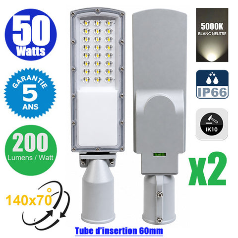 Pack de 2x Lampes de rue filaires - Série STAR200 - 50 Watts - 10 000 Lumens - 200 Lumens/Watt - Angle 140° x 70° - IP66 - 5000K - 44 x 11 x 6 cm - Tube d'insertion 60mm - Lentilles en PMMA - Support ajustable - Structure en ALUMINIUM - Garantie 5 ans