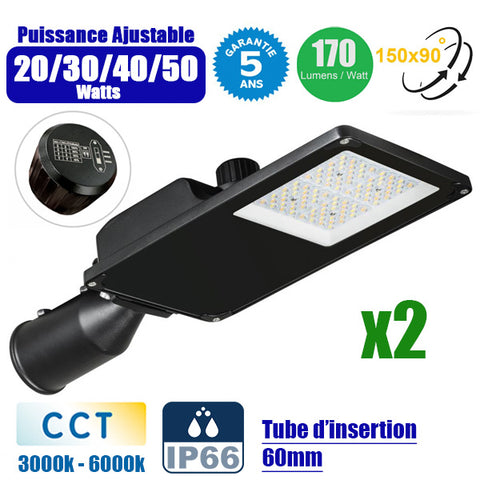 Pack de 2x Lampes de rue filaires - Série STARPRO - CCT(Couleur Changeante en Température) - Puissance 20W/30W/40W/50W ajustable - 8 500 Lumens - 170 Lumens/Watt - Angle 150 x 90° - IP66 - 46 x 18 x 8cm - Tube d'insertion 60mm - Garantie 5 ans