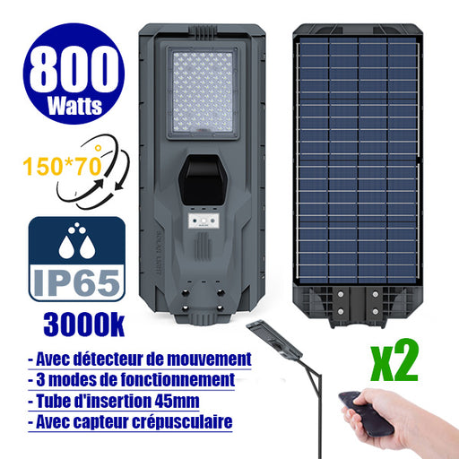 Pack de 2x Lampes de rue solaires - Série STARSHIP - Rendu lumineux 800 Watts - 2400 Lumens - Couleur 3000K - Angle 150x70° - IP65 - Dimensions 70 x 30 x 8 cm - Tube d'insertion 45mm - Avec détecteur de mouvement - Télécommande - 3 modes de fonctionnement