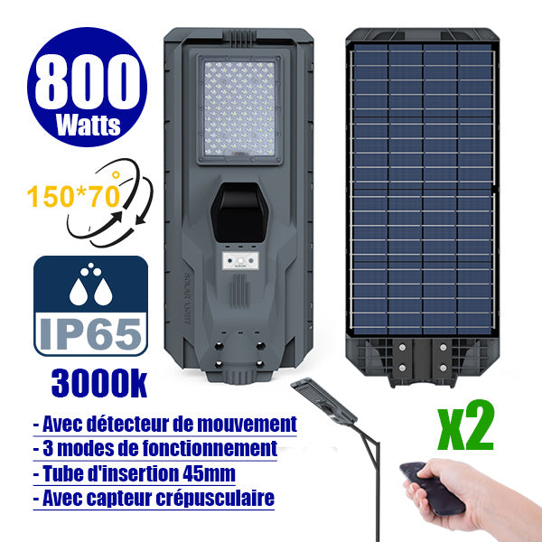 Pack de 2x Lampes de rue solaires - Série STARSHIP - Rendu lumineux 800 Watts - 2400 Lumens - Couleur 3000K - Angle 150x70° - IP65 - Dimensions 70 x 30 x 8 cm - Tube d'insertion 45mm - Avec détecteur de mouvement - Télécommande - 3 modes de fonctionnement