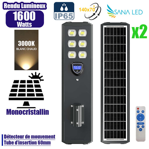 Pack de 2x Lampes de rue solaires - Série STARSHIP ULTRA BLACK - 1600 Watts - 4400 Lumens - 3000k - Angle 140*70° - IP65 - Structure aluminium - Dimensions 98 x 22 x 8 cm - Tube 60mm - Contrôle intelligent - Détecteur de mouvement - Télécommande