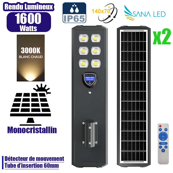 Pack de 2x Lampes de rue solaires - Série STARSHIP ULTRA BLACK - 1600 Watts - 4400 Lumens - 3000k - Angle 140*70° - IP65 - Structure aluminium - Dimensions 98 x 22 x 8 cm - Tube 60mm - Contrôle intelligent - Détecteur de mouvement - Télécommande