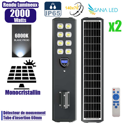 Pack de 2x Lampes de rue solaires - Série STARSHIP ULTRA BLACK - 2000 Watts - 5000 Lumens - 6000k - Angle 140*70° - IP65 - Structure aluminium - Dimensions 108 x 22 x 8 cm - Tube 60mm - Contrôle intelligent - Détecteur de mouvement - Télécommande