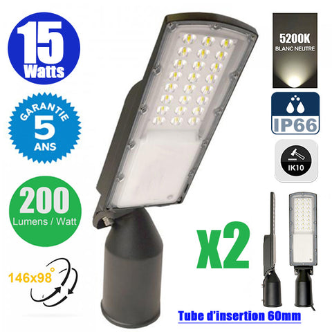 Pack de 2x Lampes de rue filaires - Série STAR200 - 15 Watts - 3000 Lumens - 200 Lumens/Watt - Angle 146° x 98° - IP66 - 5200K - 44 x 11 x 8 cm - Tube d'insertion 60mm - Lentilles en PMMA - Support ajustable - Structure en ALUMINIUM - Garantie 5 ans