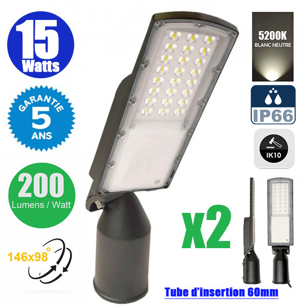 Pack de 2x Lampes de rue filaires - Série STAR200 - 15 Watts - 3000 Lumens - 200 Lumens/Watt - Angle 146° x 98° - IP66 - 5200K - 44 x 11 x 8 cm - Tube d'insertion 60mm - Lentilles en PMMA - Support ajustable - Structure en ALUMINIUM - Garantie 5 ans