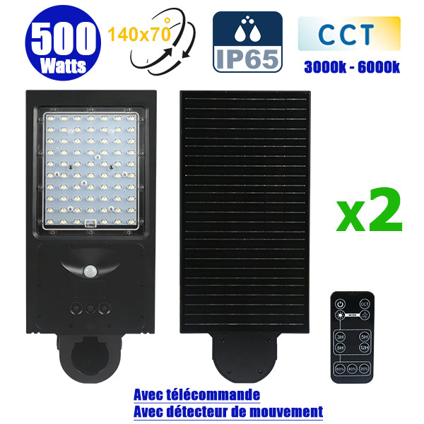 Pack de 2x Lampes de rue et parking Solaires - Série STREET EVO V2 – Rendu lumineux 500 Watts - 4800 Lumens - CCT - 140x70° - Télécommande - Détecteur de mouvement - Diamètre d’insertion 60 mm - 52 x 23 x 10 cm – Installation sur mât et murale