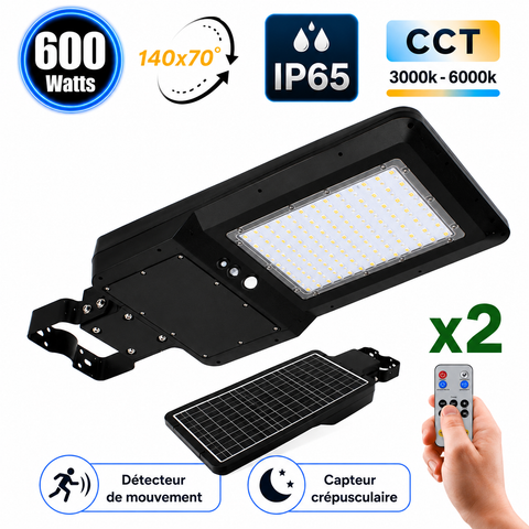 Pack de 2x Lampes de rue et parking Solaires - Série STREET EVO V2 – Rendu lumineux 600 Watts - 6000 Lumens - CCT 3000k/4000k/6000k Ajustable - IP65 - 140x70° - 71 x 29 x 7 cm - Tube d'insertion 45-50mm - Télécommande - Détecteur de mouvement