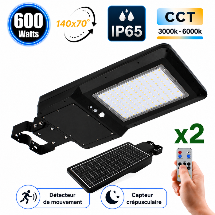 Pack de 2x Lampes de rue et parking Solaires - Série STREET EVO V2 – Rendu lumineux 600 Watts - 6000 Lumens - CCT 3000k/4000k/6000k Ajustable - IP65 - 140x70° - 71 x 29 x 7 cm - Tube d'insertion 45-50mm - Télécommande - Détecteur de mouvement