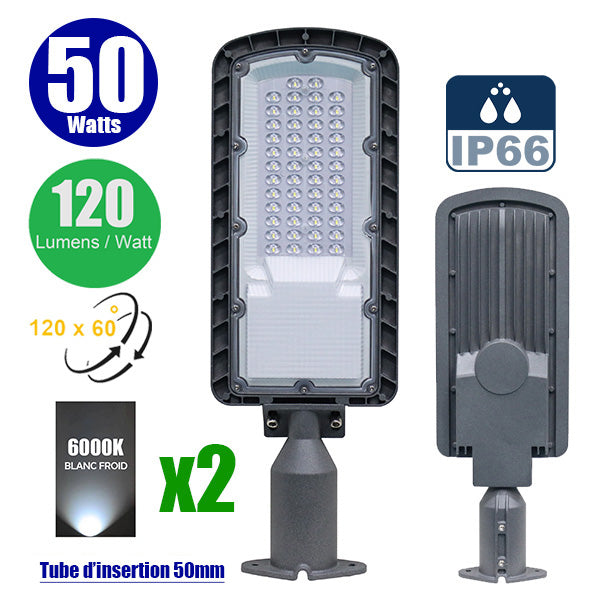 Pack de 2x Lampes de rue filaire - Série FLEX ECO - 50 Watts - 6000 Lumens - 120 Lumens/Watt - Angle 120 x 60° - IP66 - IK08 - 493 x 170 x 70mm - Tube d'insertion 50mm - 6000k
