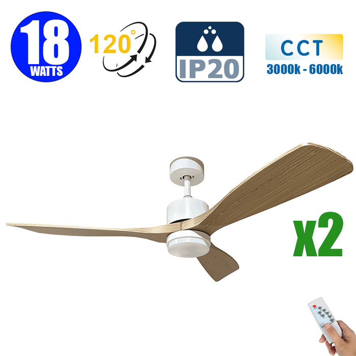 Pack de 2x Ventilateurs de plafond LED filaires - Série FRESH - Version BOIS - 18 Watts - 1440 Lumens - 80 Lumens/watt - CCT (Couleur Changeante en Température) 3000k/4000k/6000k - IP20 - Angle 120° -  122 x 4 cm - Modèle Blanc - Avec télécommande