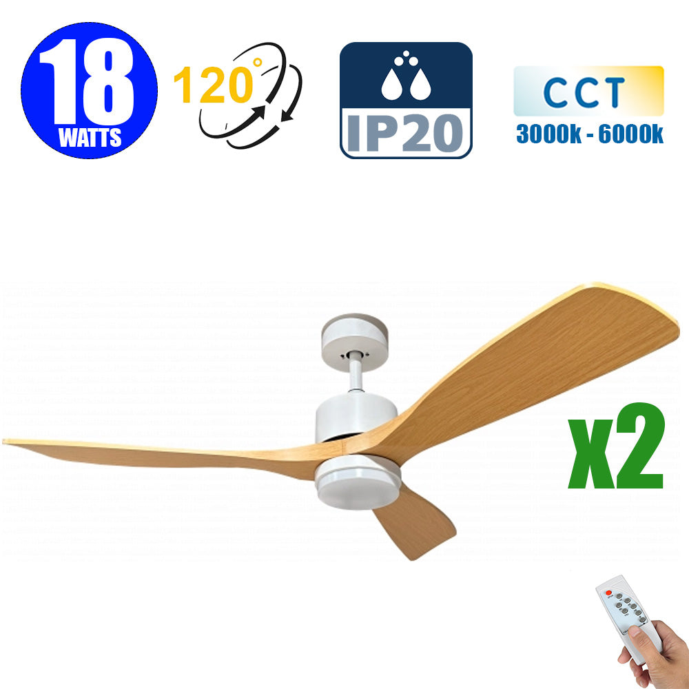 Pack de 2x Ventilateurs de plafond LED filaires - Série FRESH - Version BOIS - 18 Watts - 1440 Lumens - 80 Lumens/watt - CCT (Couleur Changeante en Température) 3000k/4000k/6000k - IP20 - Angle 120° -  122 x 4 cm - Modèle Blanc - Avec télécommande