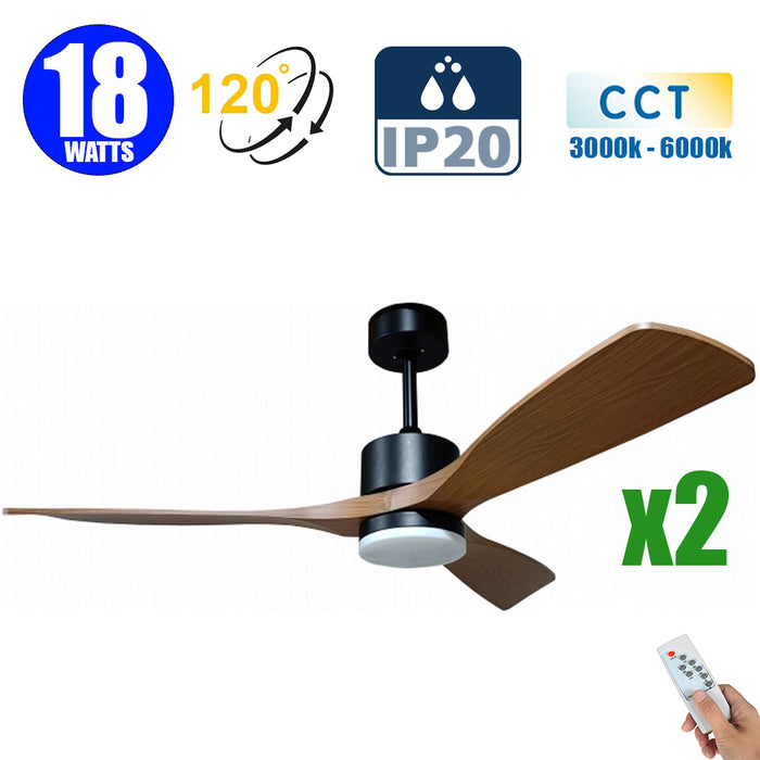 Pack de 2x Ventilateurs de plafond LED filaires - Série FRESH - Version BOIS - 18 Watts - 1440 Lumens - 80 Lumens/watt - CCT (Couleur Changeante en Température) 3000k/4000k/6000k - IP20 - Angle 120° -  122 x 4 cm - Modèle Noir - Avec télécommande