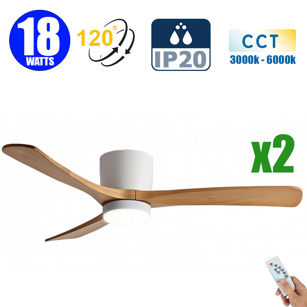 Pack de 2x Ventilateurs de plafond LED filaires - Série FRESH - Version BOIS - 18 Watts - 1440 Lumens - 80 Lumens/watt - CCT (Couleur Changeante en Température) 3000k/4000k/6000k - IP20 - Angle 120° -  114 x 25 cm - Modèle Blanc - Avec télécommande