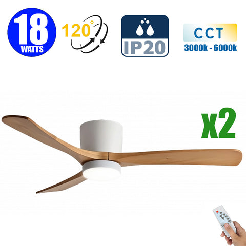 Pack de 2x Ventilateurs de plafond LED filaires - Série FRESH - Version BOIS - 18 Watts - 1440 Lumens - 80 Lumens/watt - CCT (Couleur Changeante en Température) 3000k/4000k/6000k - IP20 - Angle 120° -  114 x 25 cm - Modèle Blanc - Avec télécommande