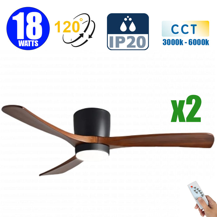 Pack de 2x Ventilateurs de plafond LED filaires - Série FRESH - Version BOIS - 18 Watts - 1440 Lumens - 80 Lumens/watt - CCT (Couleur Changeante en Température) 3000k/4000k/6000k - IP20 - Angle 120° -  114 x 25 cm - Modèle Noir - Avec télécommande