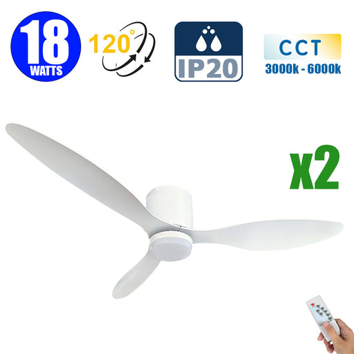 Pack de 2x Ventilateurs de plafond LED filaires - Série FRESH - 18 Watts - 1440 Lumens - 80 Lumens/watt - CCT (Couleur Changeante en Température) 3000k/4000k/6000k - IP20 - Angle 120° -  107 x 24 cm - Modèle Blanc - Avec télécommande