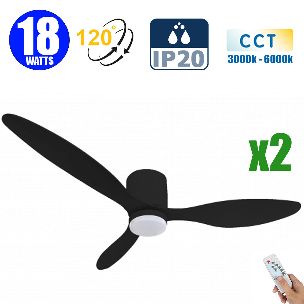 Pack de 2x Ventilateurs de plafond LED filaires - Série FRESH - 18 Watts - 1440 Lumens - 80 Lumens/watt - CCT (Couleur Changeante en Température) 3000k/4000k/6000k - IP20 - Angle 120° -  107 x 24 cm - Modèle Noir - Avec télécommande