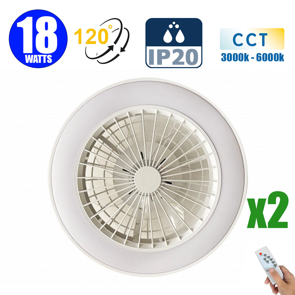 Pack de 2x Ventilateurs de plafond LED filaires - Série FRESH - 18 Watts - 1440 Lumens - 80 Lumens/watt - CCT (Couleur Changeante en Température) 3000k/4000k/6000k - IP20 - Angle 120° - 50 x 20 cm - Avec télécommande