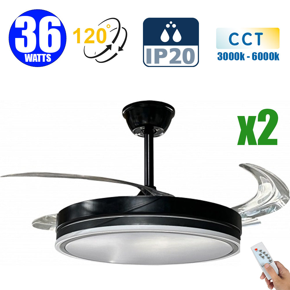 Pack de 2x Ventilateurs de plafond LED filaires - Série FRESH - 36 Watts - 2880 Lumens  - 80 Lumens/watt - CCT (Couleur Changeante en Température) 3000k/4000k/6000k - IP20 - Angle 120° -  1067mm de diamètre - Modèle Noir - Avec télécommande