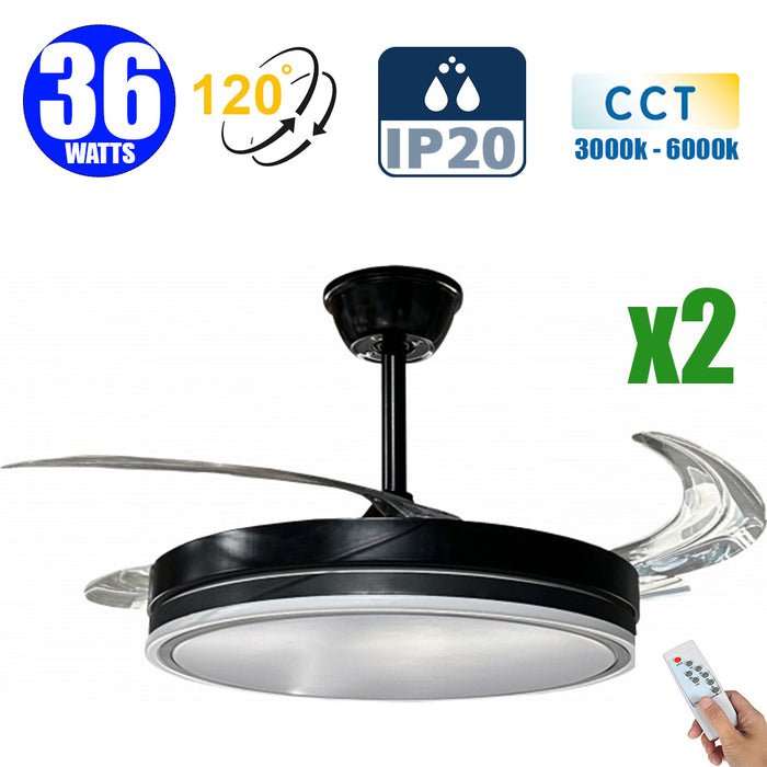 Pack de 2x Ventilateurs de plafond LED filaires - Série FRESH - 36 Watts - 2880 Lumens  - 80 Lumens/watt - CCT (Couleur Changeante en Température) 3000k/4000k/6000k - IP20 - Angle 120° -  1067mm de diamètre - Modèle Noir - Avec télécommande