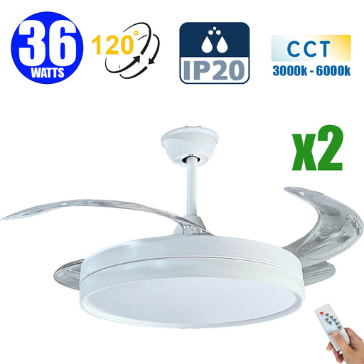 Pack de 2x Ventilateurs de plafond LED filaires - Série FRESH - 36 Watts - 2880 Lumens - 80 Lumens/watt - CCT (Couleur Changeante en Température) 3000k/4000k/6000k - IP20 - Angle 120° -  48 x 30 x 9 cm - Modèle Blanc - Avec télécommande