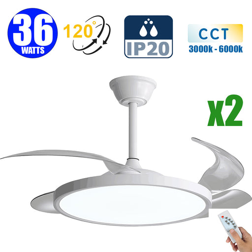 Pack de 2x Ventilateurs de plafond LED filaires - Série FRESH - Version SLIM - 36 Watts - 2880 Lumens  - 80 Lumens/watt - CCT (Couleur Changeante en Température) 3000k/4000k/6000k - IP20 - Angle 120° -  49 x 25 x 4 cm - Modèle Blanc - Avec télécommande