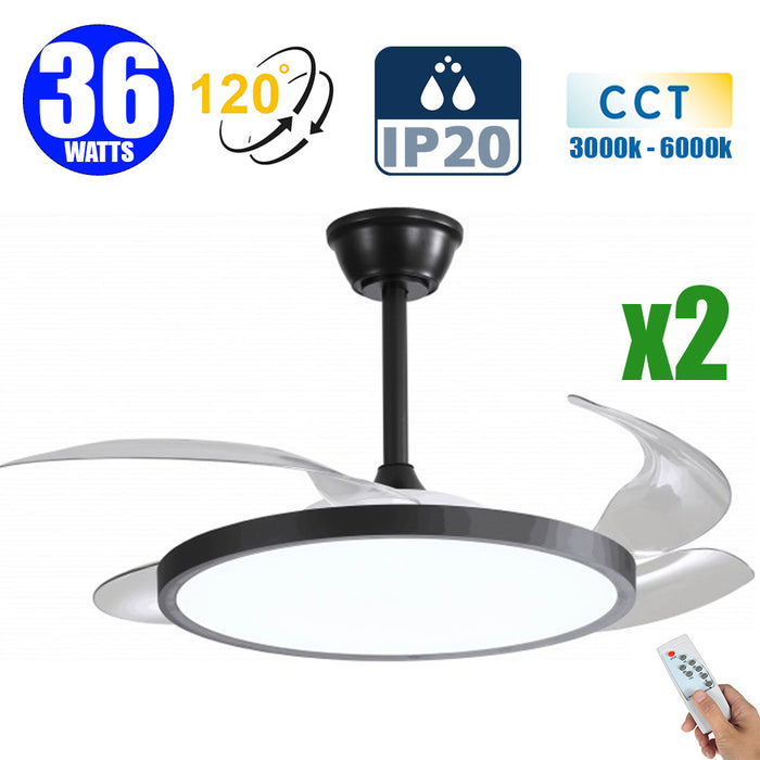 Pack de 2x Ventilateurs de plafond LED filaires - Série FRESH - Version SLIM - 36 Watts - 2880 Lumens  - 80 Lumens/watt - CCT (Couleur Changeante en Température) 3000k/4000k/6000k - IP20 - Angle 120° -  49 x 25 x 4 cm - Modèle Noir - Avec télécommande