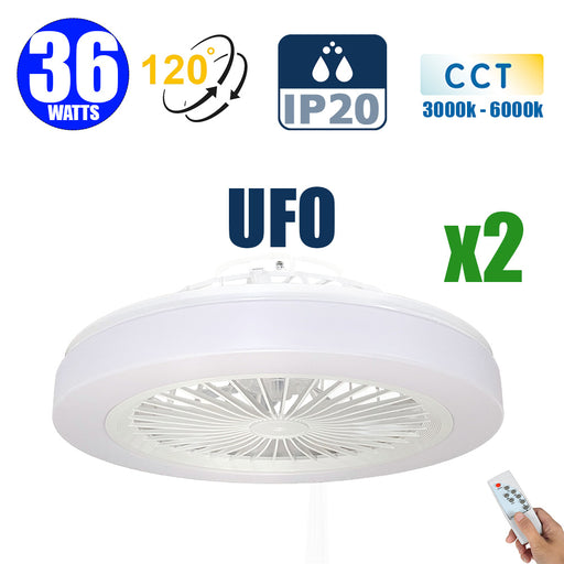 Pack de 2x Ventilateurs de plafond LED filaires - Série FRESH - Version OVNI - 36 Watts - 2880 Lumens - 80 Lumens/watt - CCT (Couleur Changeante en Température) 3000k/4000k/6000k - IP20 - Angle 120° -  48 x 17 x 7 cm - Modèle Blanc - Avec télécommande